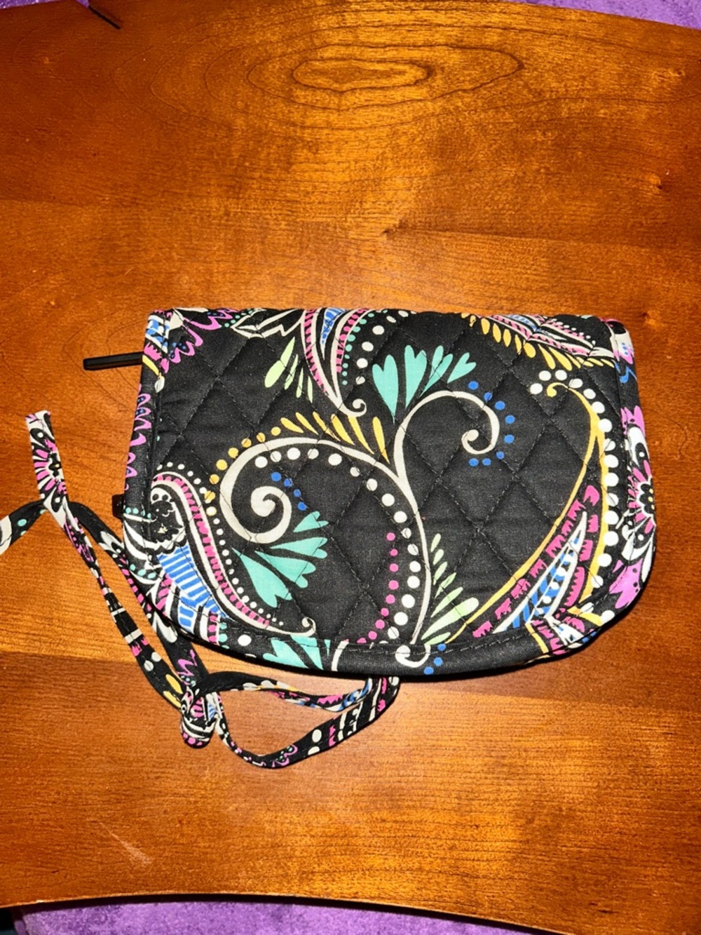 Quilted Floral Paisley Wristlet Clutch - Black with Pink & Turquoise - Picture 3 of 7